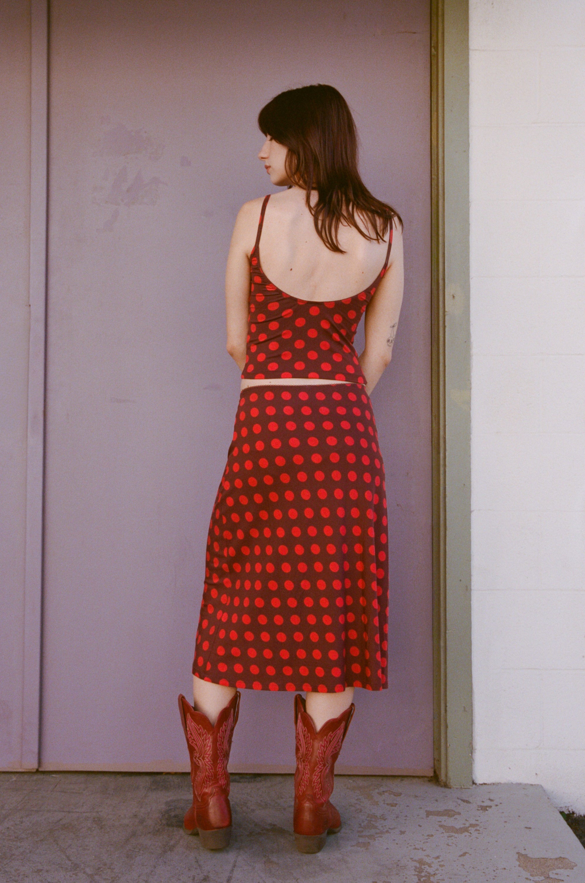 BIAS MIDI SLIP SKIRT IN SCARLET DOT
