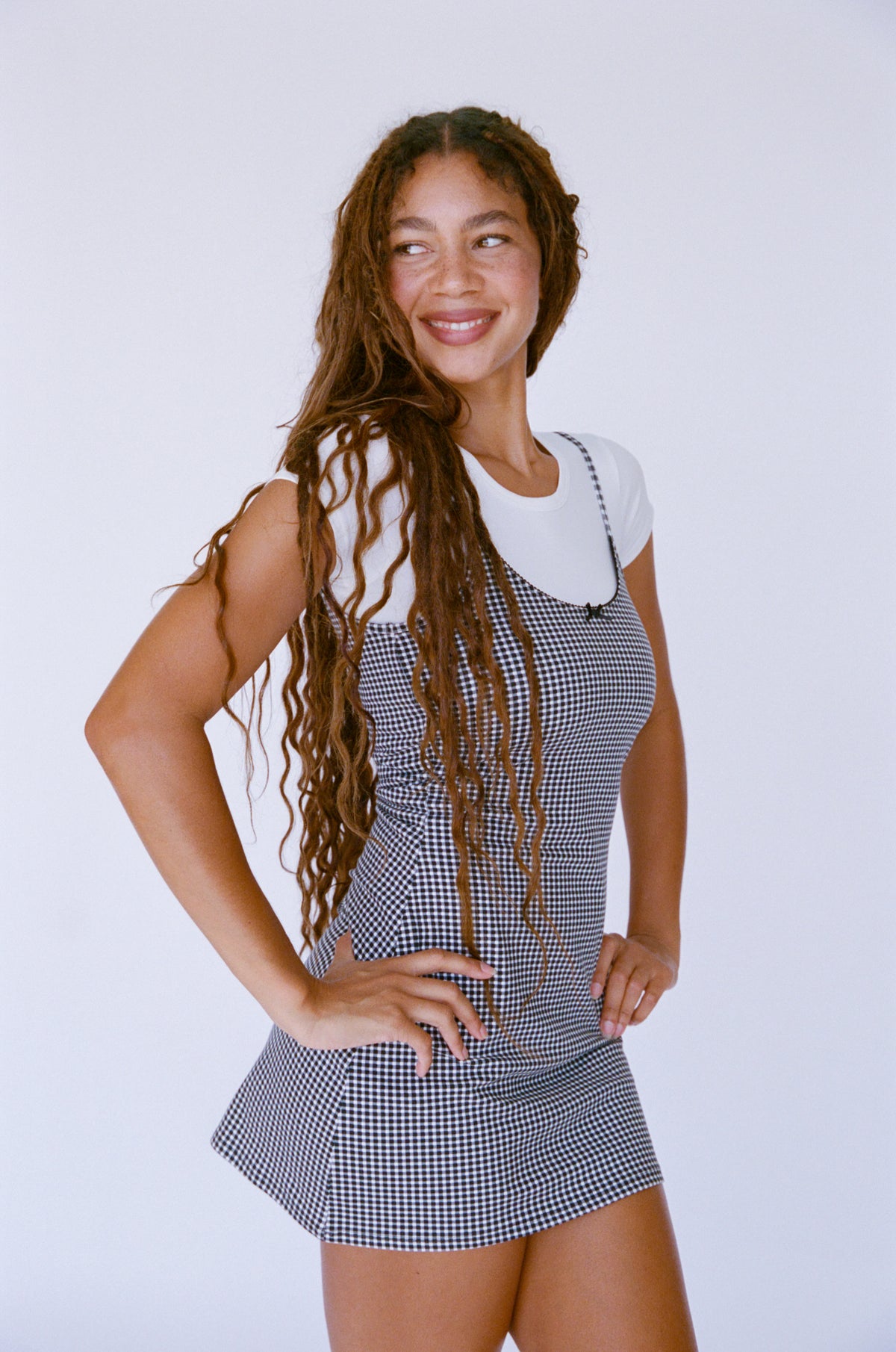 SCOOP BACK CAMI DRESS IN BLACK GINGHAM