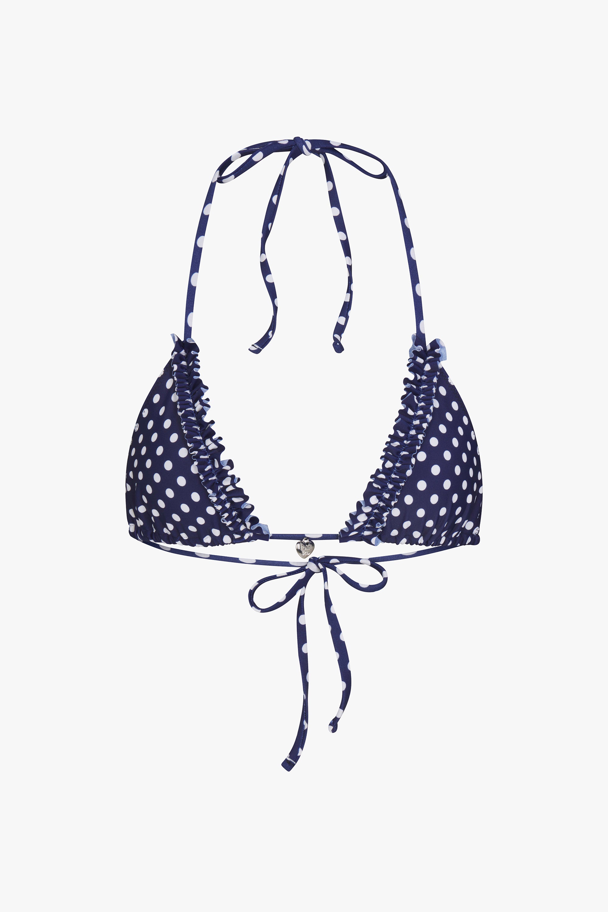 RUFFLE CHARM BIKINI TOP IN NAVY DOT