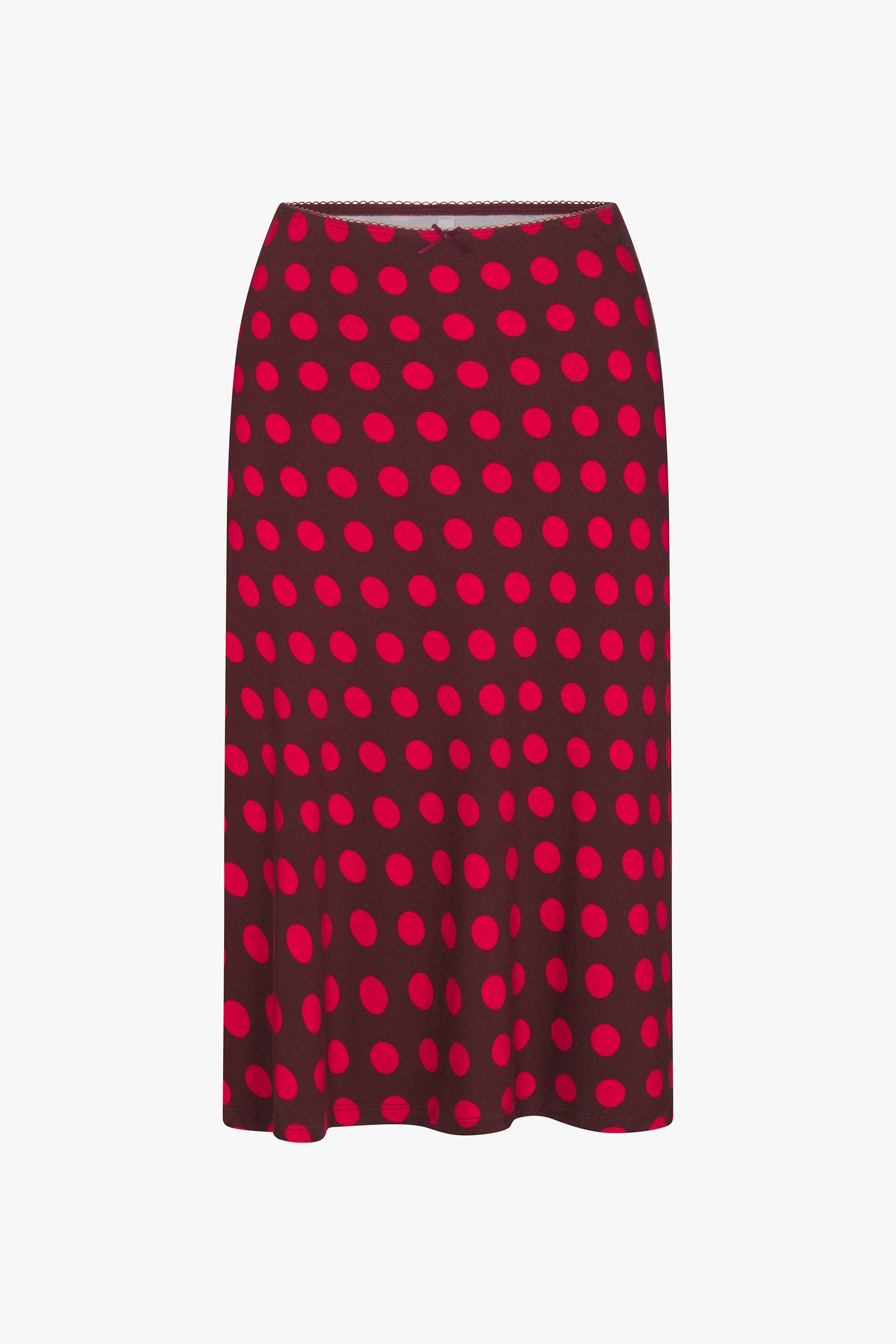 BIAS MIDI SLIP SKIRT IN SCARLET DOT