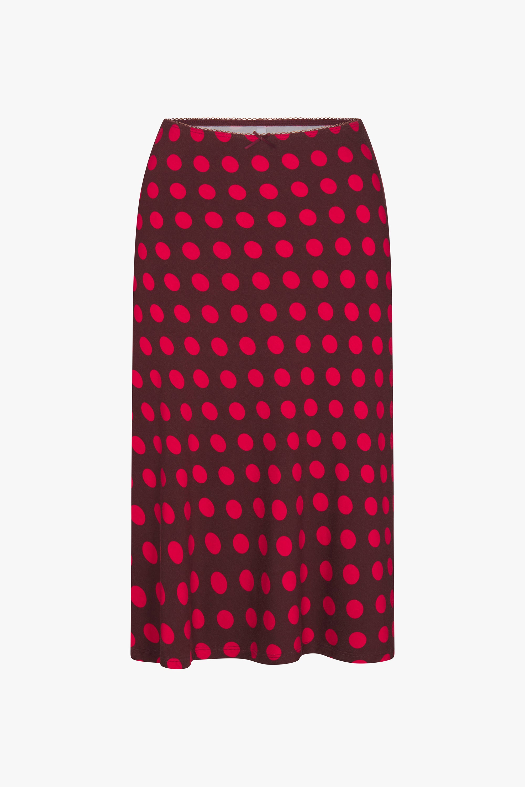 BIAS MIDI SLIP SKIRT IN SCARLET DOT